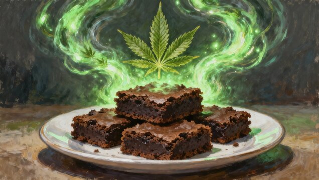 Glowing cannabis leaf surrounds a plate of brownies in a mysterious scene, symbolic illustration of the hemp plant with bright green smoke effects. Concept image of cannabis, CBD, herbal relaxation, wellness, naturopathy and modern hemp culture. Representation of a natural plant motif in the context of well-being and botanical ingredients, AI generated