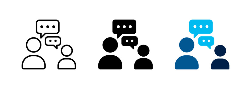 Conversation icon, People talking symbol with person and speech bubble representing business communication, social discussion, meeting and speaking. Vector and transparent PNG