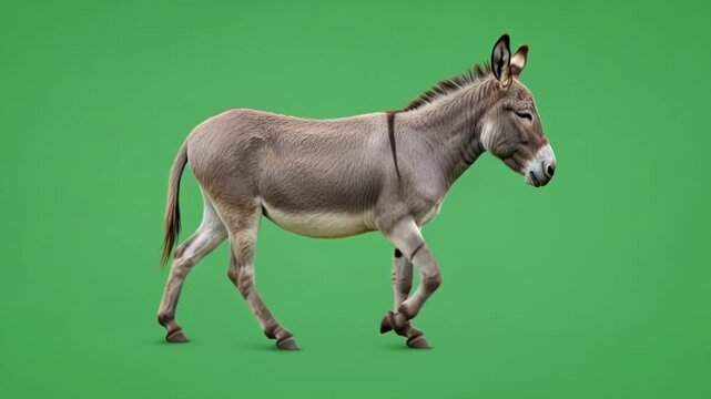 A grey donkey standing sideways against a solid green studio background