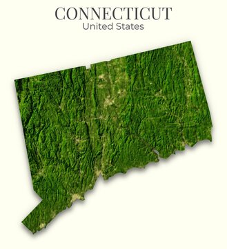 Connecticut shaded relief map, 3D terrain map illustration of Connecticut, United States, hillshaded physical geography. Elements of this image derived from NASA imagery and SRTM dataset.