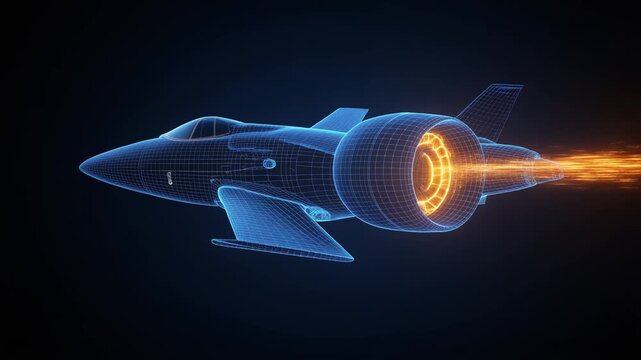 A glowing wireframe jet aircraft with luminous blue outlines and fiery orange propulsion, symbolizing advanced aerospace technology and futuristic innovation.