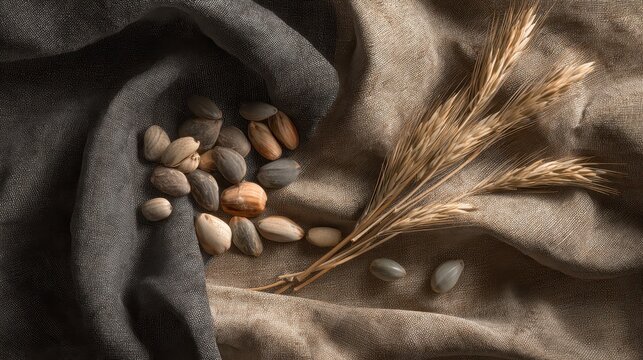 Wheat stalks and organic seeds resting on textured linen fabric in a rustic moody composition for natural health and food marketing