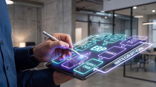 Analytical professional reorganizing holographic erp integration workflow on tablet in office