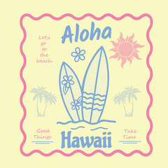 Tropical summer objects, hand drawn set with different isolated items. Vintage Aloha Hawaii Surfboard Illustration with Hibiscus Flowers and Retro Sun. Hand Drawn Tropical Summer Beach Vector © Syed