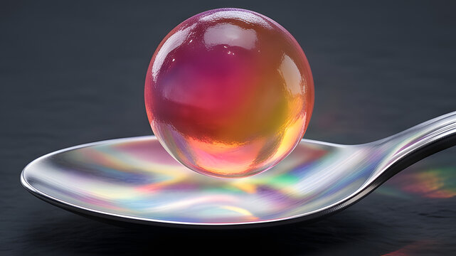 Close up of a perfect iridescent soap bubble resting on a shiny silver spoon on a dark background.