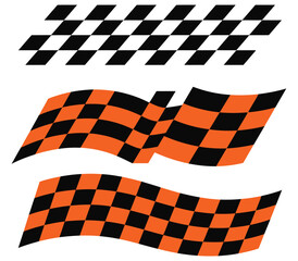 Obraz premium Black and Orange Checkered Racing Flag Vector Collection Showing Distorted Waving Motorsport Banners, Finish Line, Race Track, and Speed Symbols Illustration