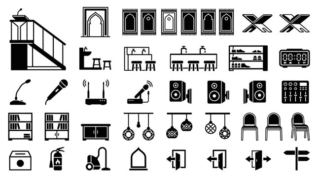 Mosque interior equipment and islamic center facility icons in minimalist black vector silhouette style for religious institution management and architectural mapping