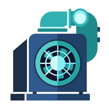 A flatdesign illustration of a blue industrial ventilation fan with an attached exhaust duct against a white background