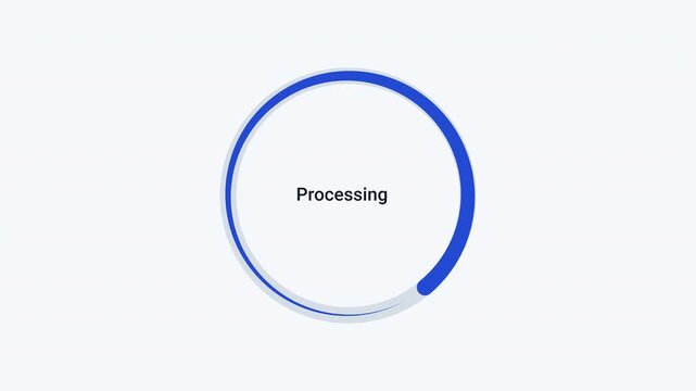 Minimal flat vector animation of a blue circular progress indicator with a processing status, clean white background, and smooth loading motion for digital interface concepts.