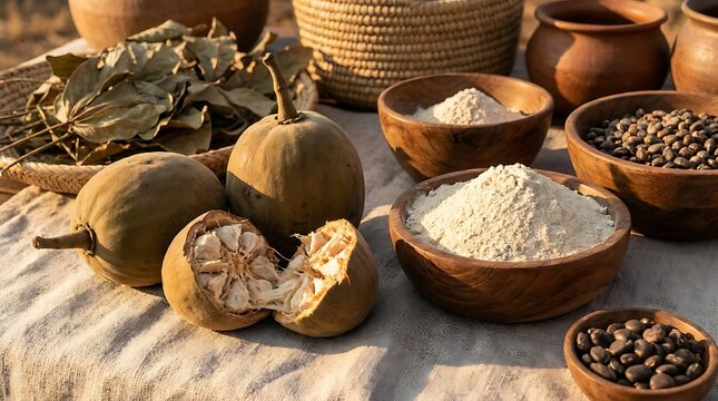 Fresh bael fruit with powder and dried beans in wooden bowls on a rustic table. organic baobab display