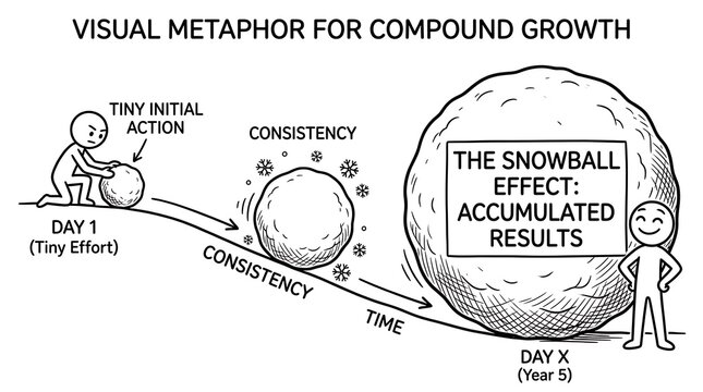 Snowball effect diagram for compound growth. Concept of consistency and long term success.