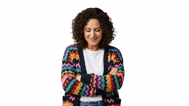 Middle aged woman with curly hair wearing a bright patterned knit cardigan