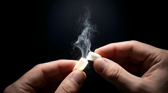 Hand holding a white pill capsule breaking open with powder spilling out