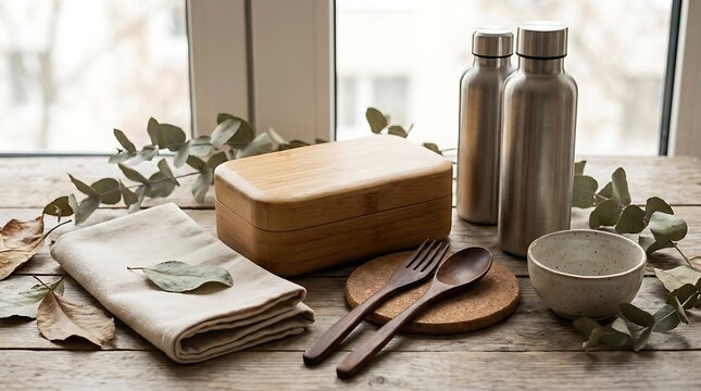 Wooden lunch box with water bottle and cutlery set on a rustic wooden table by the window. plastic-free lunchware