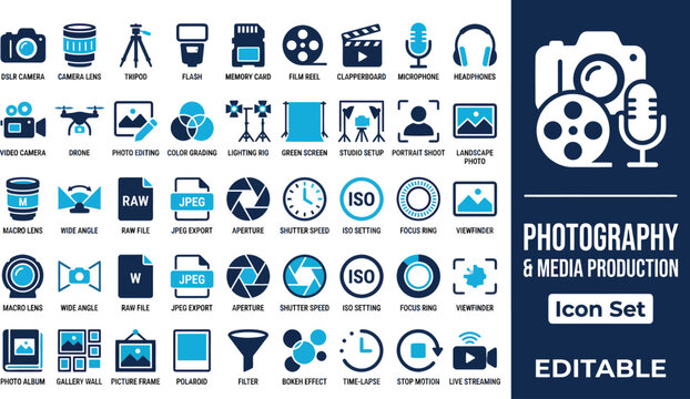 Professional camera gear and video editing symbols.
