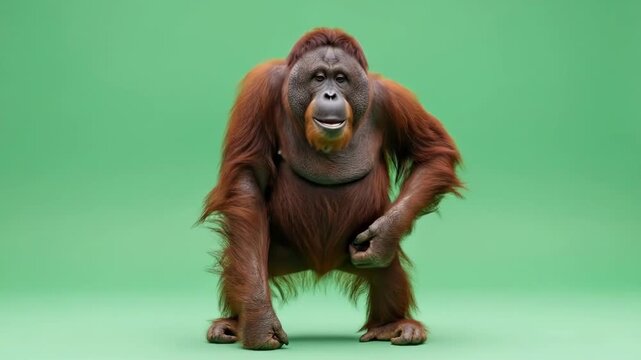 A majestic orangutan standing against a solid green studio background