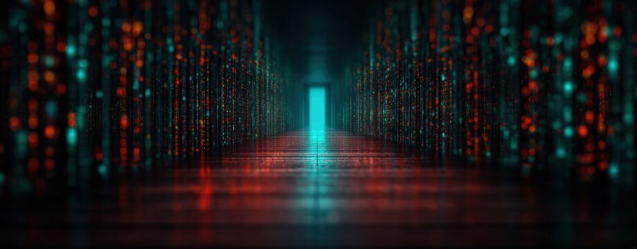 Digital corridor with glowing red cyan binary code lines leading to bright light at end of tunnel abstract 3D render technology concept