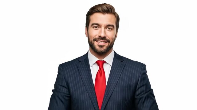 A confident businessman in a suit pointing forward with a cheerful expression