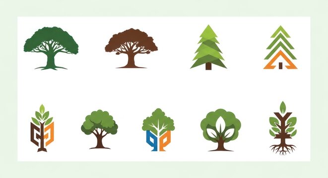 Collection of stylized tree icons for environmental branding