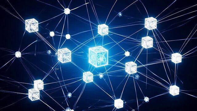 Glowing Digital Cubes Connected in a Futuristic Blockchain Network Animation