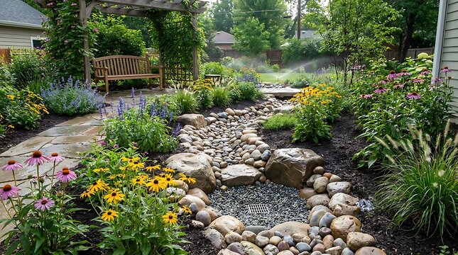 Beautiful backyard garden with a stone creek bed and colorful blooming flowers on a sunny day. yard flood prevention