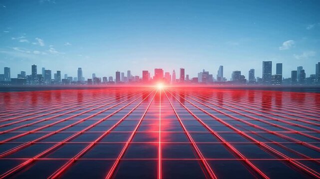 Cyberpunk Neon Grid with Futuristic City Skyline at Sunset - Red Glowing Digital Landscape