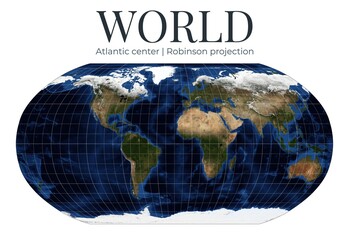 World map in Robinson projection. Atlantic-centered view with detailed physical features. Latitude 0, longitude -20 rotation. April View. Elements of this image furnished by NASA. © Eugene Ga