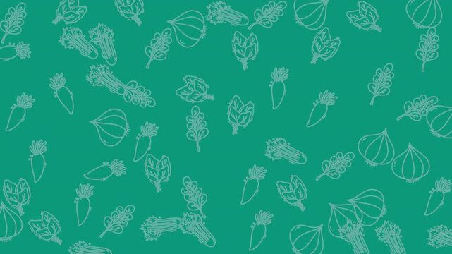 Seamless pattern with hand drawn vegetables on a green background.