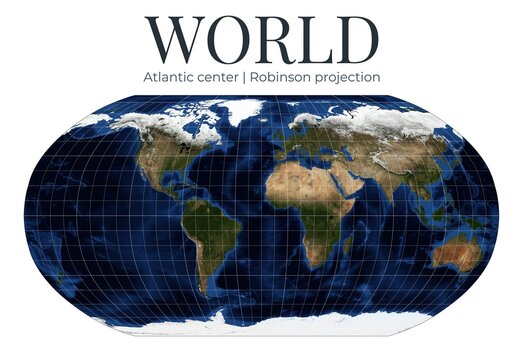 World map in Robinson projection. Atlantic-centered view with detailed physical features. Latitude 0, longitude -20 rotation. April View. Elements of this image furnished by NASA.