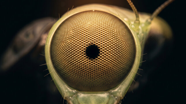 Extreme close up of a praying mantis compound eye with pseudopupil