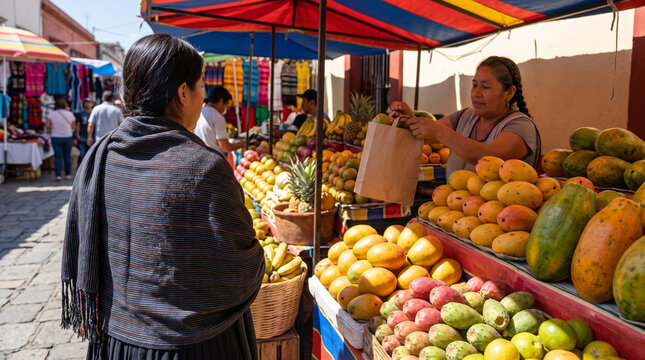 Vendor handing a bag of fresh fruit to a customer at a Mexican street market