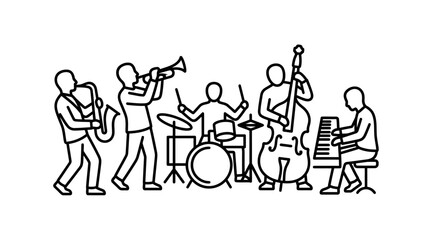 Modern Black and White Line Art of a Jazz Band Playing Various Instruments with high quality professional line art symbols for modern creative design and digital branding projects © alip