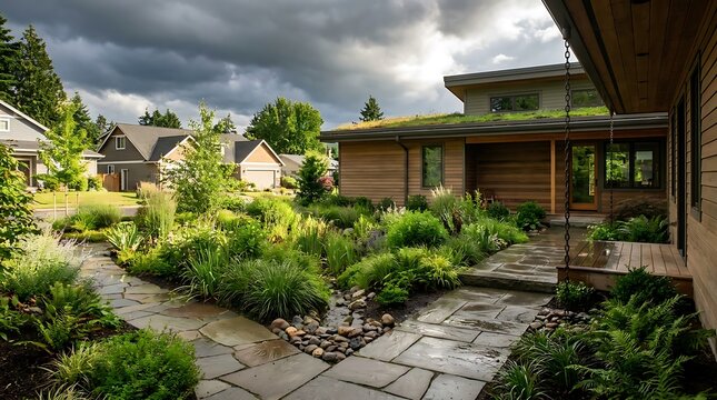 Modern house with a green roof and stone walkway in a lush garden under a stormy sky. yard flood prevention