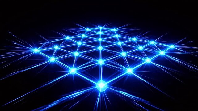 Glowing Blue Neural Network Grid with Pulsing Nodes and Light Beams on Black Background