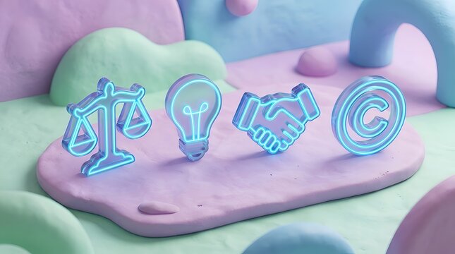 3D Neon Glowing Business Law Icon Set On Pastel Plasticine Clay Background With Scales Of Justice Lightbulb Handshake And Copyright Symbols

