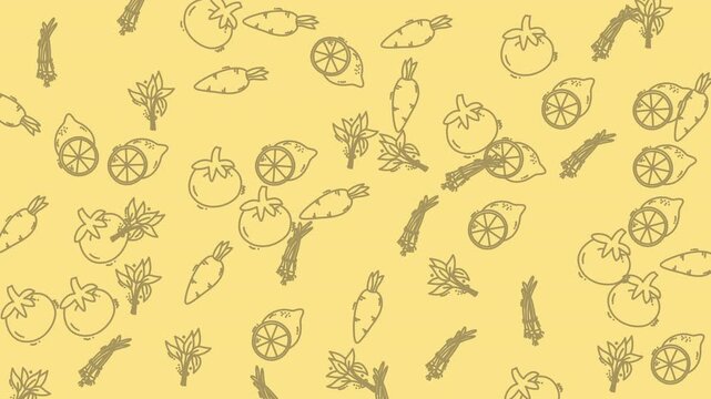 Seamless pattern background with hand drawn doodle vegetables and fruits on yellow.