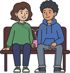 Obraz premium Man and woman sitting on bench chatting together warmly vector illustration