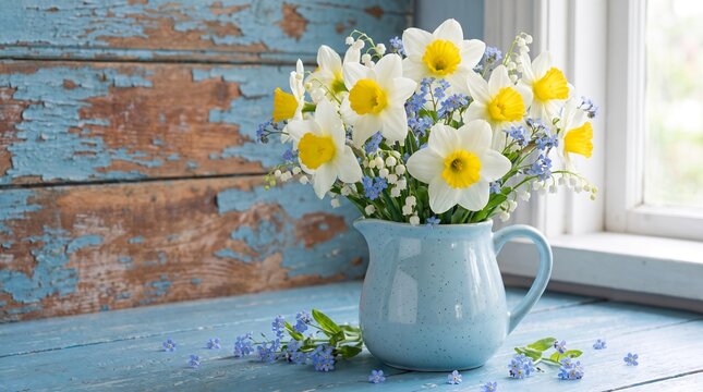 Beautiful rustic spring still life featuring a bouquet of daffodils and blue forget-me-nots in a pastel blue ceramic pitcher against a weathered peeling wood background. Shabby chic Easter concept