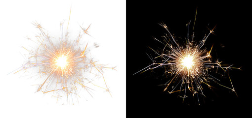 Fototapeta premium Burning sparkler with golden fireworks burst glowing sparks festive celebration light overlay texture effect