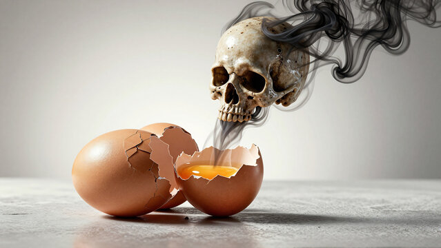 Deadly fumes escaping cracked eggshells, symbol of danger