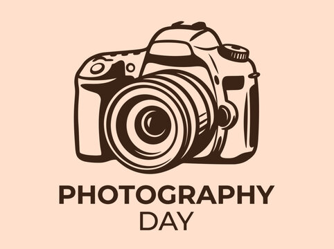 Digital SLR camera with Photography Day text on peach background