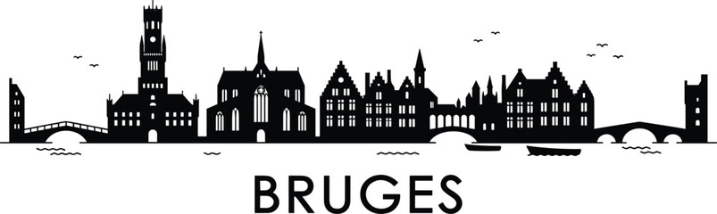 Fototapeta premium Bruges Skyline Silhouette Vector with Historic Flemish Architecture and Bold Typography