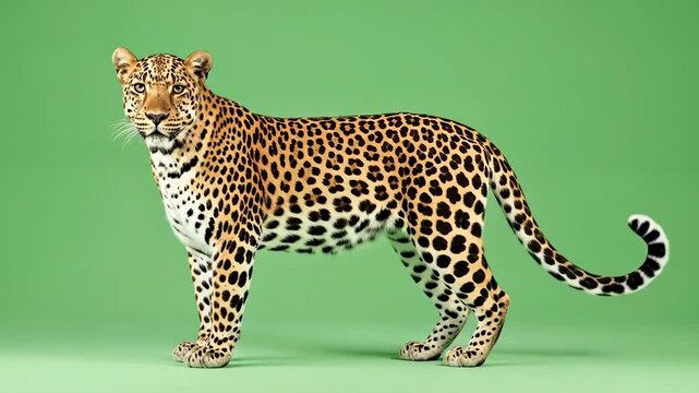 A majestic leopard standing sideways against a vibrant solid green background