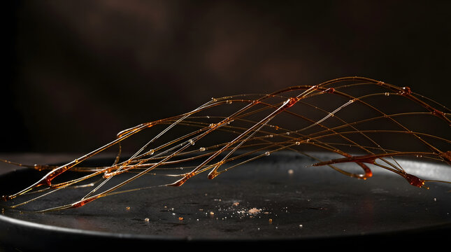 Sophisticated macro shot of golden spun sugar threads arching over a dark matte plate for elegant fine dining pastry presentation