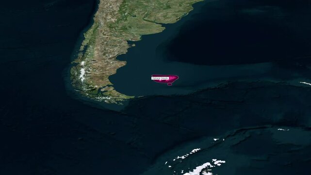 Animated satellite map zoom of the Falkland Islands with pink highlight