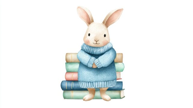 Rabbit wearing sweater sitting on stack of books for children