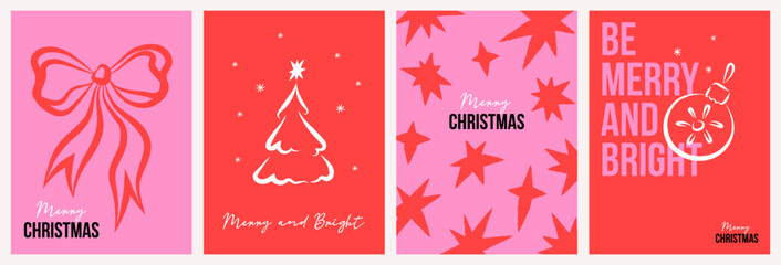 Fototapeta na wymiar Modern Christmas Poster Collection with Typography and Minimal Holiday Graphics. Xmas card templates. Ideal for festive branding, greetings, invitations, packaging, print, posters and social media