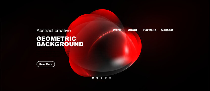 Dark background features red geometric shapes, text elements, navigation menu. Minimalist design promotes modern aesthetic.