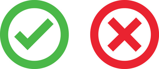 Right and wrong buttons. Yes or no check mark icons in green tick box and red cross. Set of red X and green check mark. Tick and X mark icon for apps and websites  © MDOSMAN