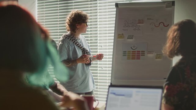 Gen Z businesswoman with tattoos and yellow glasses pointing to graphics on flip chart while giving presentation to diverse startup team during office meeting